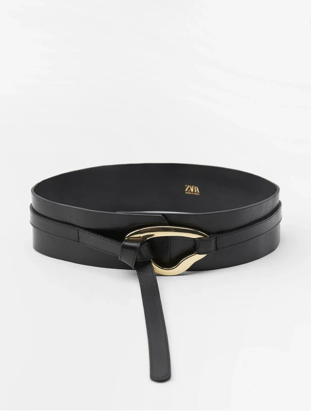 ZARA Black Leather Waist Belt with Gold Loop Buckle